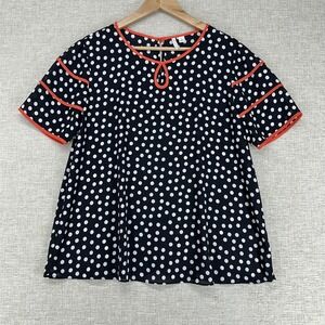 EST. 1946 Blouse Womens Large Black Polka Dot Contrast Trim Short Sleeve Chiffon